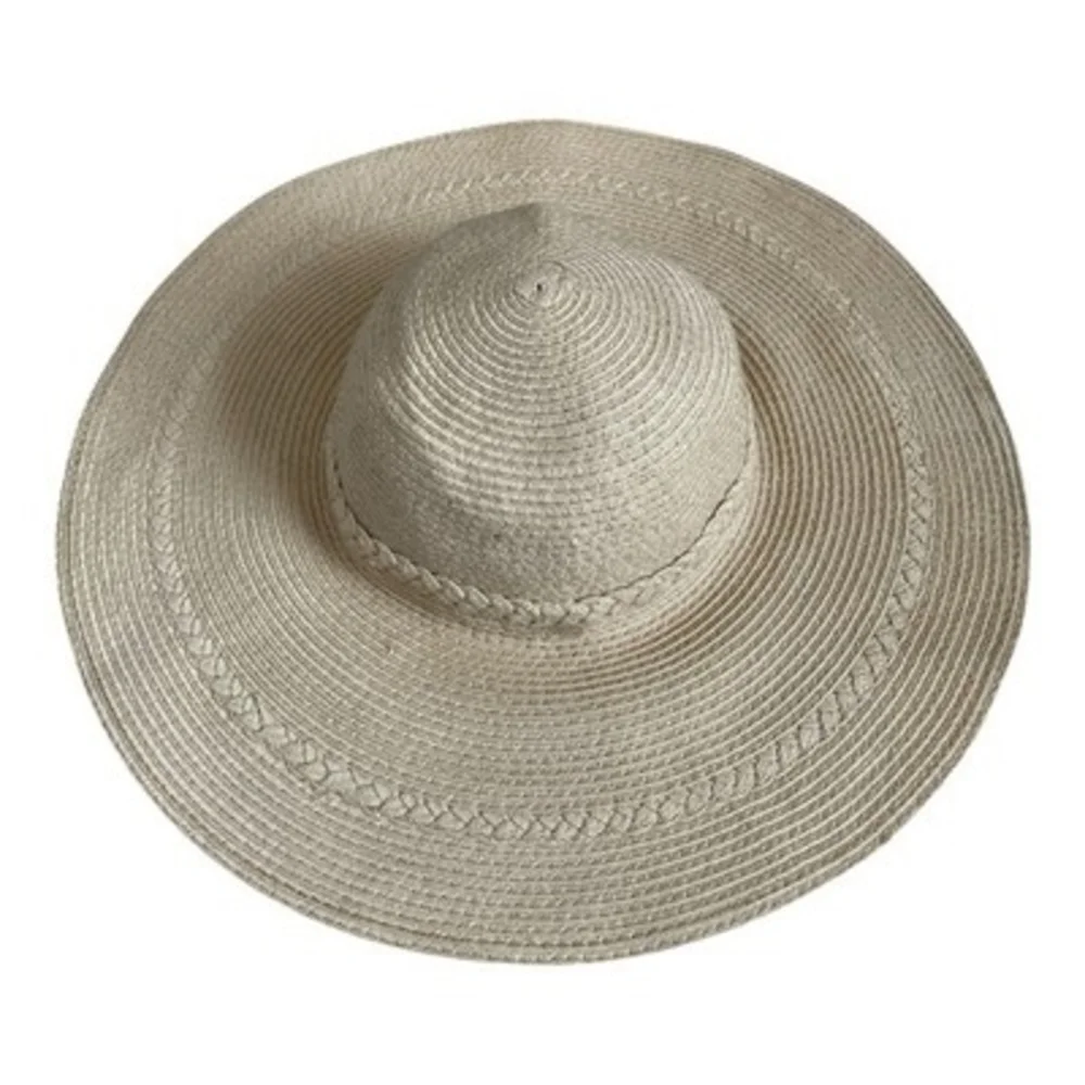 D&Y Wide Brim Floppy Straw Sun Hat Ivory Braided Trim Scalloped Brim G+